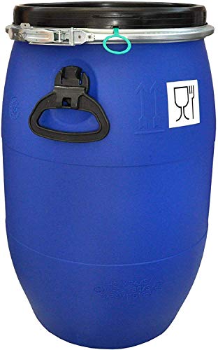 Mauser 60 L Weithalsfass mit Spannverschluss | Lebensmittelecht | Universalfass | Futtertonne | Regen Maische Tierfutter Trinkwasser Camping Lagerfass | Stapelbar | Blau