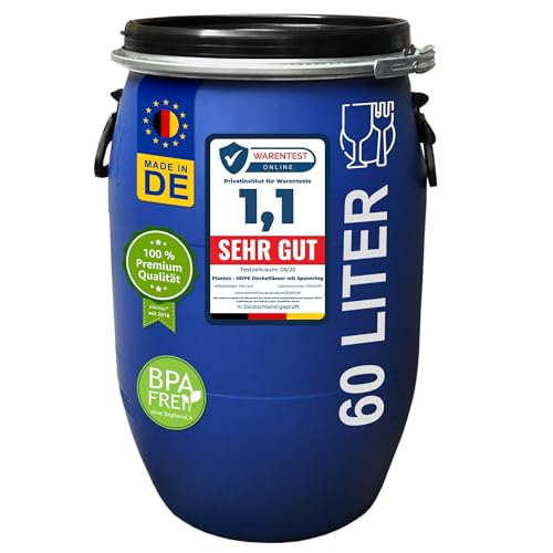 Mauser 60 L Weithalsfass mit Spannverschluss | Lebensmittelecht | Universalfass | Futtertonne | Regen Maische Tierfutter Trinkwasser Camping Lagerfass | Stapelbar | Blau