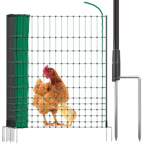 VOSS.farming Premium Hühnerzaun 112cm farmNET 50m, Hühnernetz Geflügelnetz Geflügelzaun, 16 Pfähle 2 Spitzen, Grün ohne Strom
