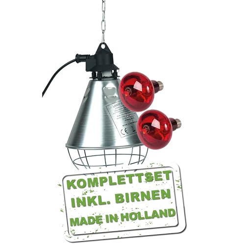 Rotlicht Wärmelampen Set, mit 2 Infrarot Lampen 60 W & 100 W, Schutzkorb mit 2,5 m Kabellänge & 2 m Kette. Wärmelampe für Hühner Küken Alternative zu Wärmeplatten. Hühner Zubehör Rotlichtlampen Set